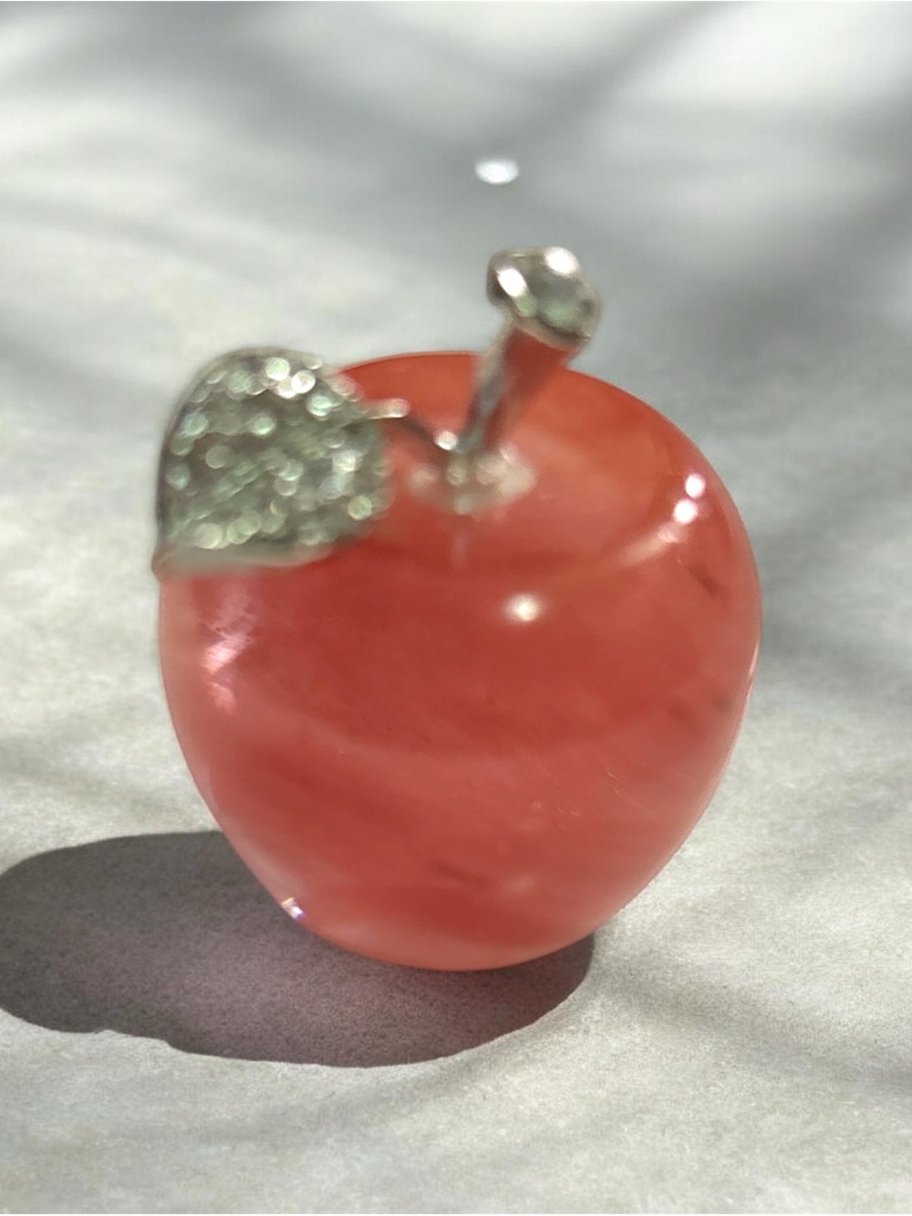 Cherry Quartz Apple with Silver Leaf Accent